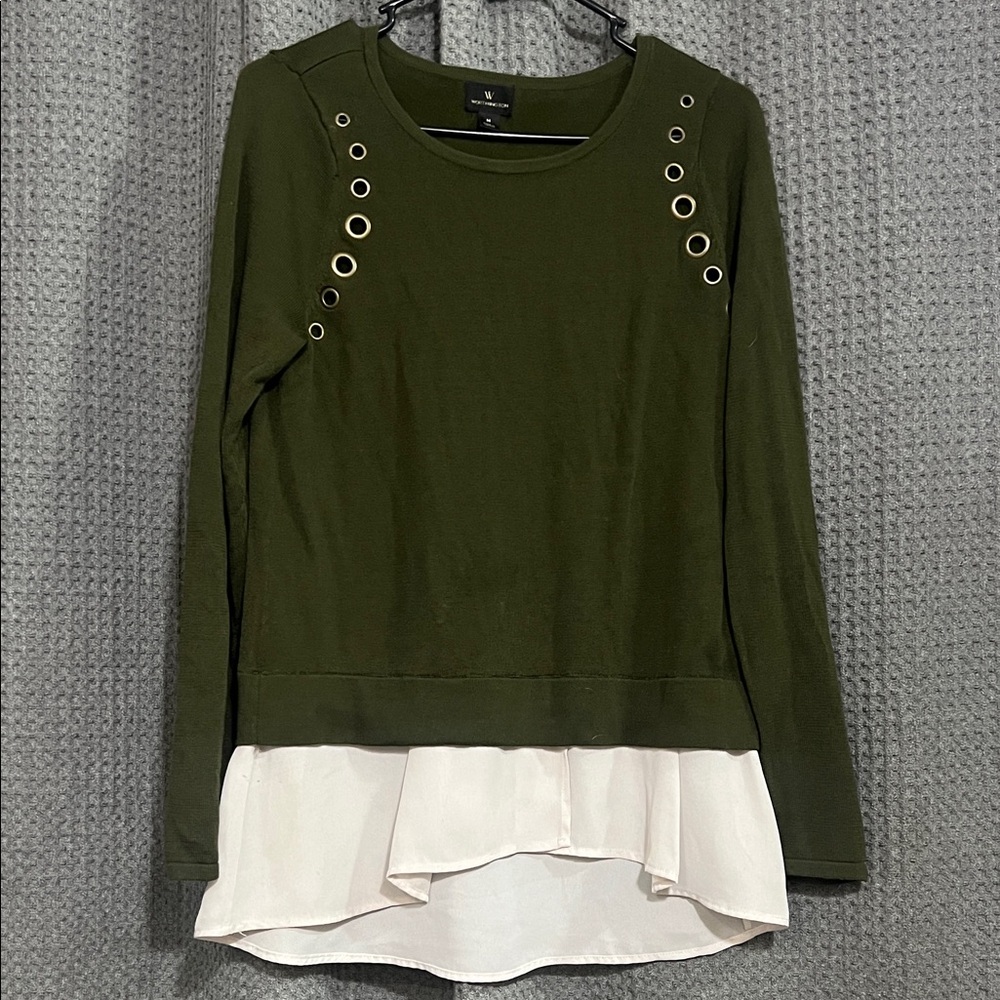 Olive Knit Top with cream Layered Hem and Eyelet Detail